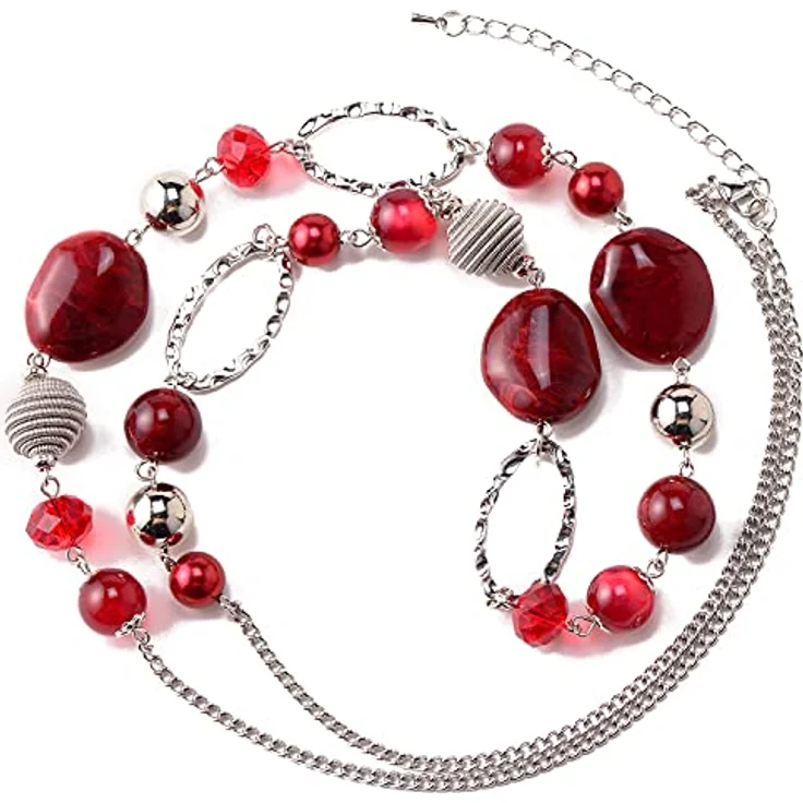 Bulinlin Langkette Damen, Silber Perlen Boho Statement Halskette, 35+3 Zoll, Rot – Bild 2