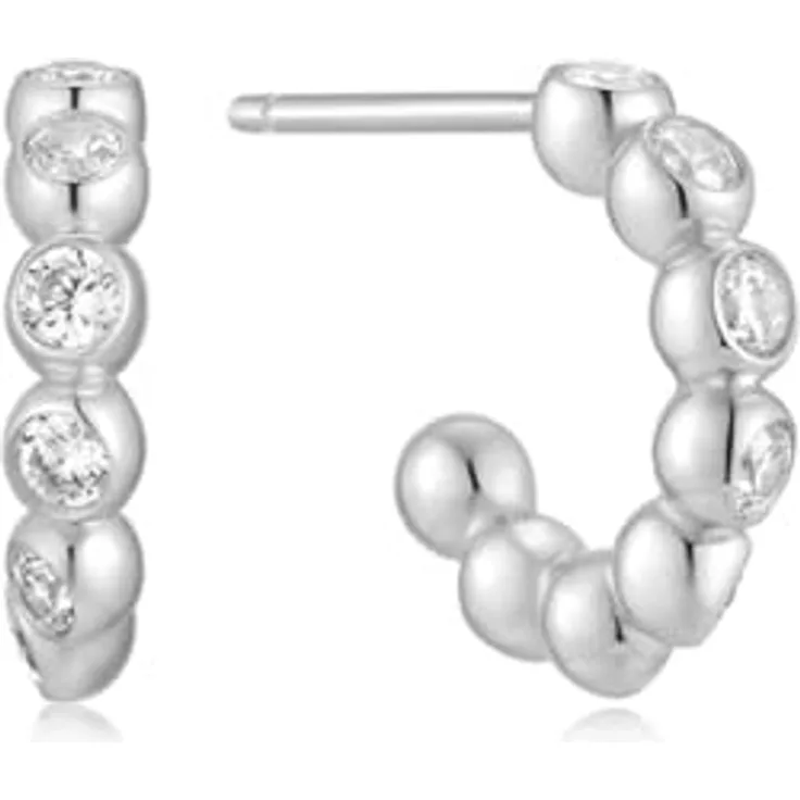 ANIA HAIE Melodic Poet Bezel Beaded Huggie Hoop Ohrstecker, Sterling Silber mit 16 Zirkonia, Durchmesser 6,5mm, inkl. Geschenkverpackung