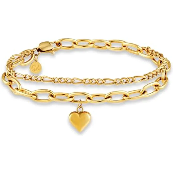 GD GOOD.designs Armband Herz für Damen Gold - 18K vergoldetes, mehrreihiges Charms Armband mit verstellbarem Herzanhänger (14,5cm - 19,5cm) - Figaro- und Panzerkette