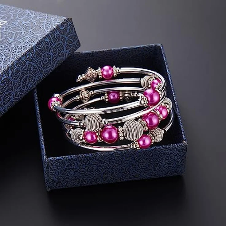 Bulinlin Wickelarmband mit Naturstein Perlen, Boho Mehrschichtig, Silber, Fuchsie, ideales Modegeschenk für Damen – Bild 5