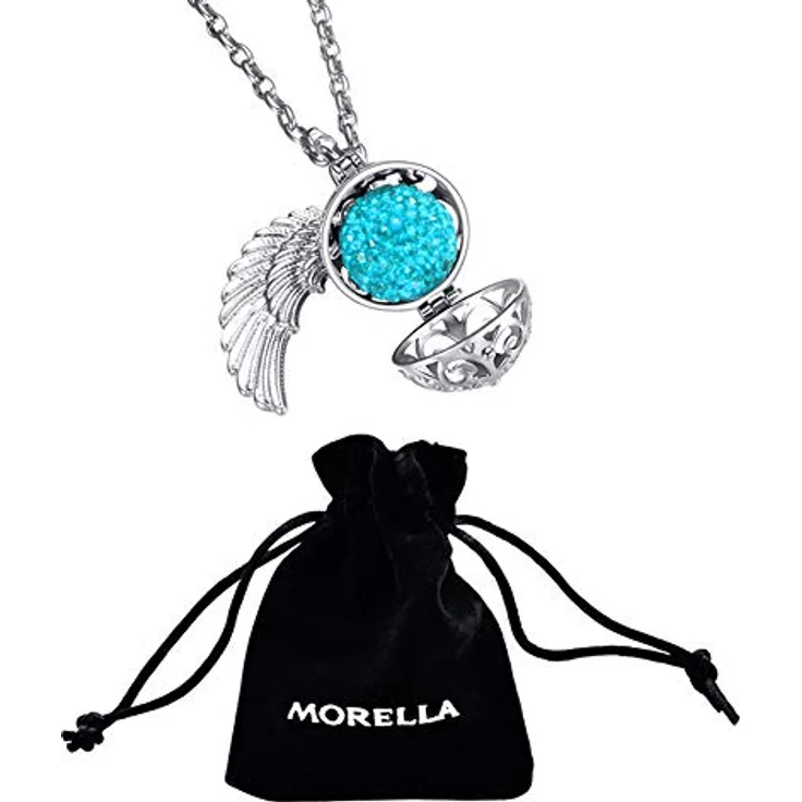Morella Damen Schutzengel Halskette Edelstahl 70 cm mit Anhänger Engelsflügel, Klangkugel Zirkonia türkis Ø 16 mm in Schmuckbeutel – Bild 3