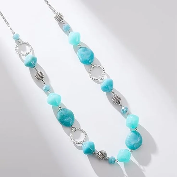 Bulinlin Silber Perplen Langkette für Damen, Boho Statement Chain Halskette in Dunkel Hell Türkis, 35+3 Zoll, langlebig und nickelfrei, ideales Geburtstagsgeschenk – Bild 4