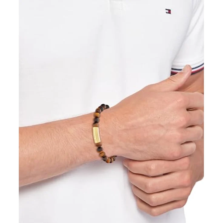 Tommy Hilfiger Jewelry Armband mit Tigeraugenperlen für Herren, Edelstahl-Plakette mit goldener Ionenplattierung, 180 mm Umfang – Bild 5