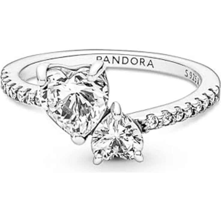 Pandora Timeless Doppel-Herz Ring, 952 Sterling Silber mit klaren Cubic Zirkonia, asymmetrisch designt, 191198C01-54 – Bild 2
