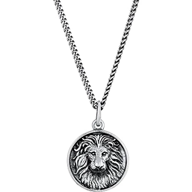 Kuzzoi Herren Halskette mit Löwenkopf Anhänger (20 mm), 925 Sterling Silber oxidiert, Kette mit runden Coin-Anhänger, Länge 55 cm, robustes Design für Männer