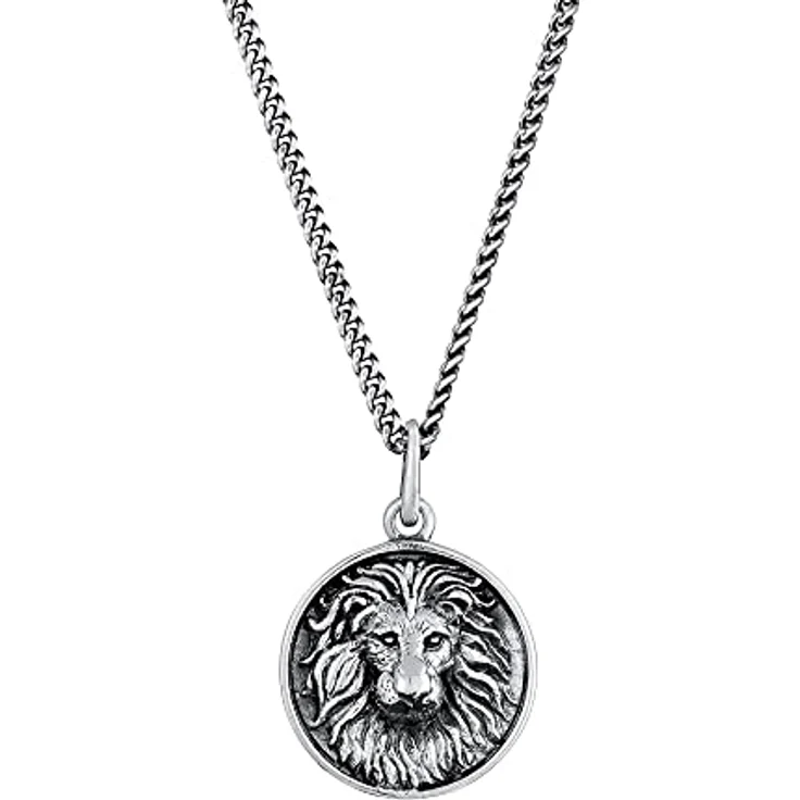 Kuzzoi Herren Halskette mit Löwenkopf Anhänger (20 mm), 925 Sterling Silber oxidiert, Kette mit runden Coin-Anhänger, Länge 55 cm, robustes Design für Männer – Bild 1