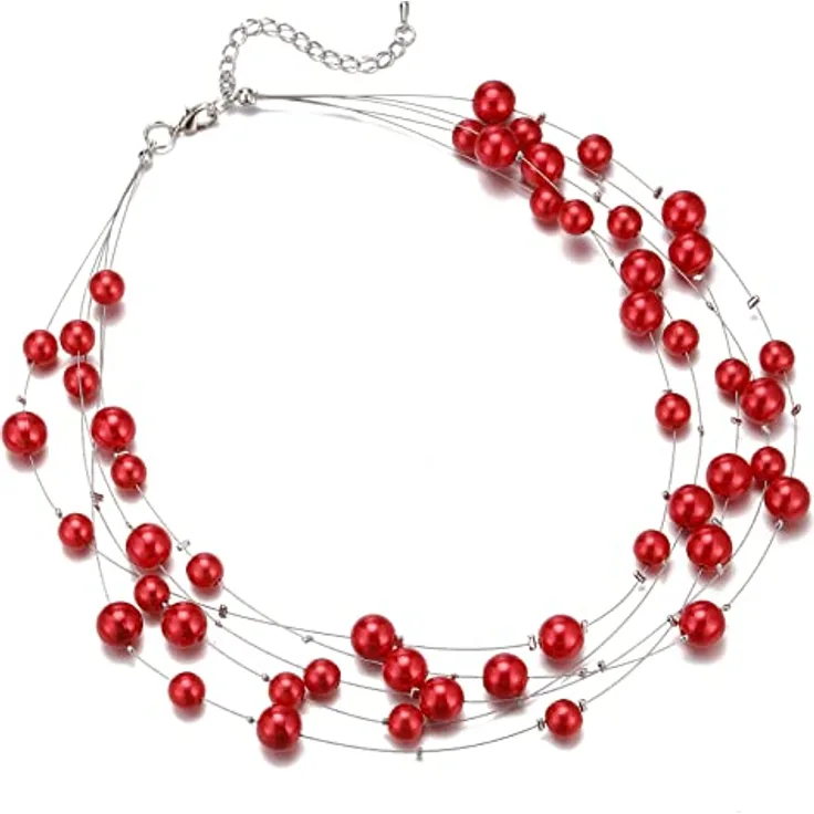 FULU AUTUMN Boho Perlenkette Damen Silber Mehrreihige Statement Kette, Perlen, 17" + 2.7" Verlängerung, rot, Zubehör für Geschenke