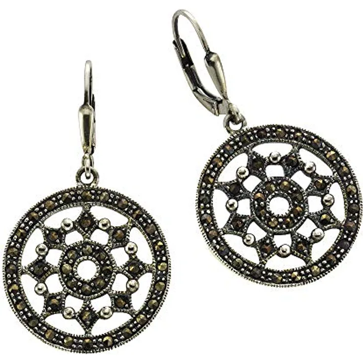 Zeeme Gemstones Damen Ohrringe 925/- Sterling Silber hängend, 3,8cm, geschwärzt mit schwarzen Markasiten, inkl. Etui
