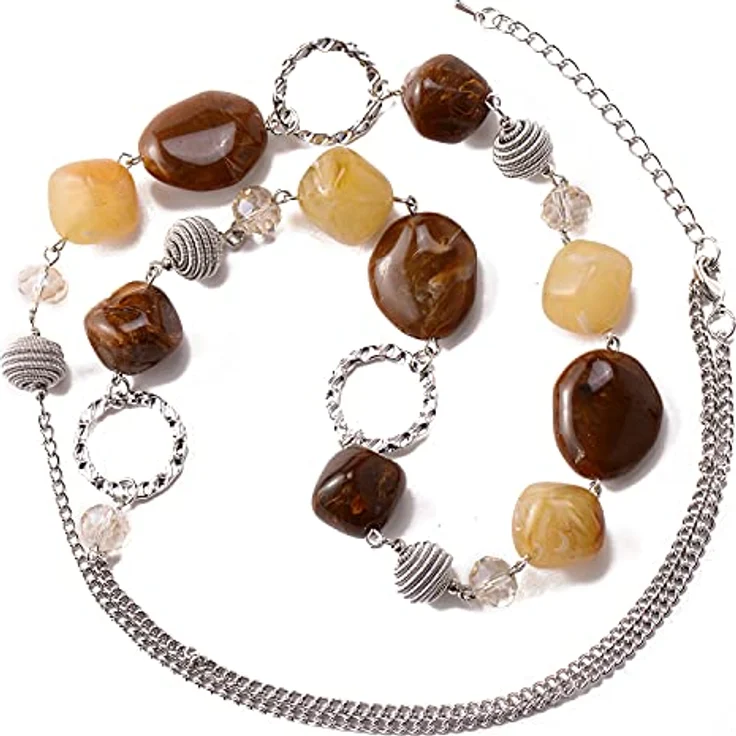 Bulinlin Silber Perplen Lange Kette, Boho Statement Chain Halskette aus Harz- und Metallperlen in Beige und Kaffee, 35+3 inches, für Damen - Modeschmuck Geschenkidee – Bild 2