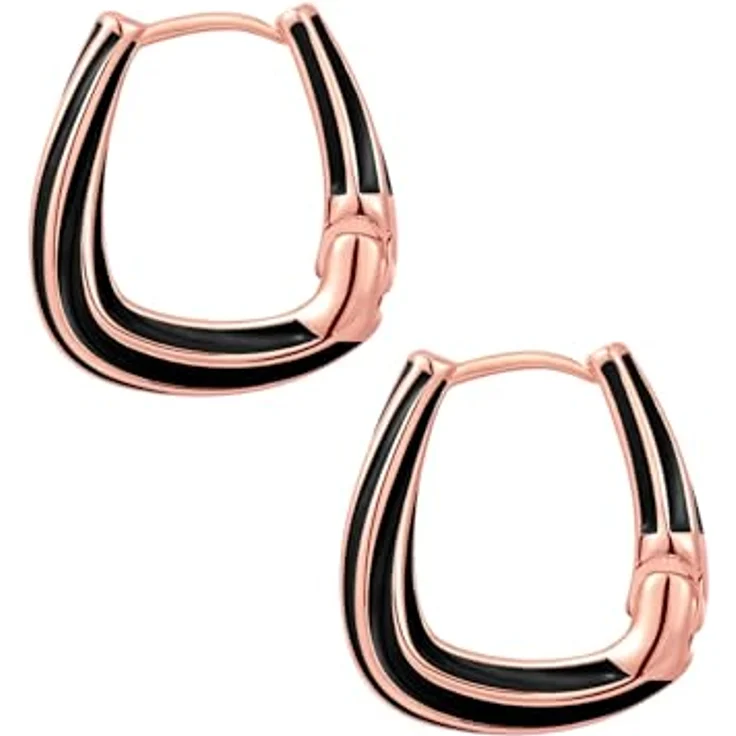 Yokoamii Damen Creolen, rosévergoldete Messingohrringe mit schwarzer Emaille, 22,5 mm Klappverschluss – Bild 2