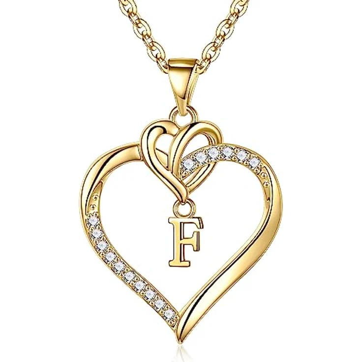 TINGN Gold Damen Buchstaben Kette, 14K vergoldete Herz Initialkette mit CZ Anhänger, Buchstabe F - elegante Halskette für Frauen und Mädchen, perfektes Geschenk – Bild 1