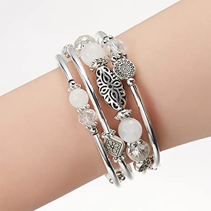 FULU AUTUMN Damen Boho Armband, mehrschichtiges Perlen Silber Wickelarmband aus Legierung, mit Geschenkbox, weiß – Bild 4