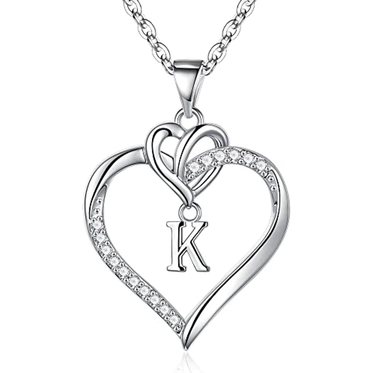 TINGN Herz Initial Halskette Damen, 14K Weißgold vergoldet mit CZ Herz Anhänger und Buchstabe K, 45 cm + 5 cm Verlängerung, elegantes Schmuckstück für Mädchen und Frauen – Bild 1