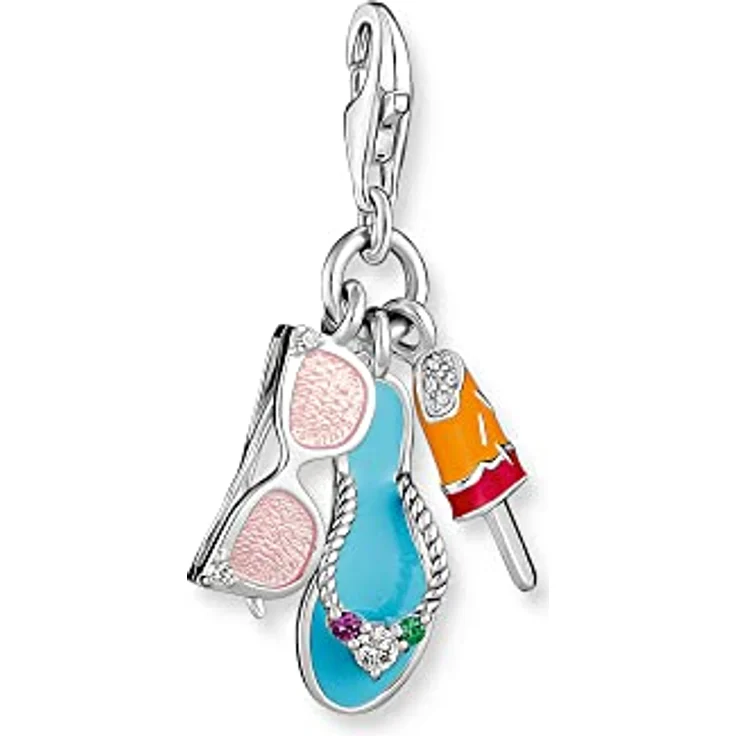THOMAS SABO Charm-Anhänger Sonnenbrille, Flip-Flop und Eis, 925er Sterlingsilber mit buntem Steinbesatz, Türkis, Rosa, Pink, Orange, 32 x 6 mm, 1929-340-7 – Bild 1