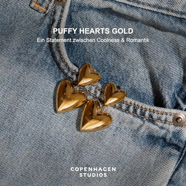 COPENHAGEN STUDIOS Puffy Hearts Ohrringe, gold, voluminöse Damen-Ohrstecker aus poliertem Edelstahl mit 14K Vergoldung, wasserfest & hautfreundlich – Bild 2