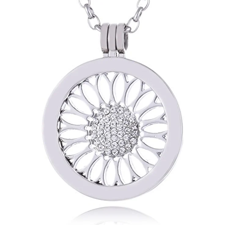Morella Damen Halskette 70 cm Edelstahl mit Sonnenblumen-Amulett und 33 mm Coin im Schmuckbeutel, Silber – Bild 1