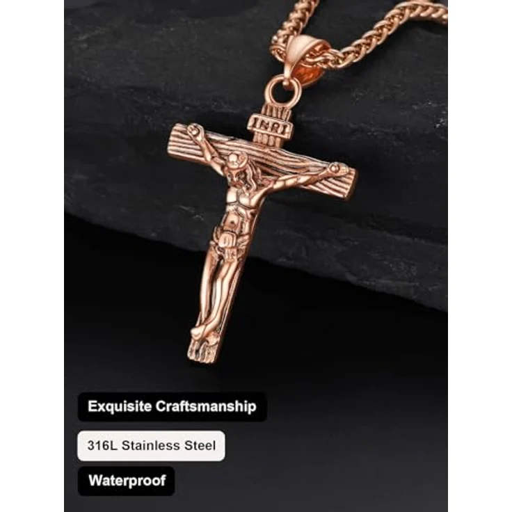 U7 Edelstahl Kreuz Halskette INRI Kruzifix Jesus Christus Anhänger, 55cm Rosegold vergoldet, Herren Modeschmuck – Bild 4
