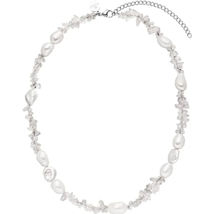 Purelei Crystal Wave Kette mit Keshi-Perlen und Bergkristallen, 18K vergoldet, verstellbar 40-45 cm, Silber