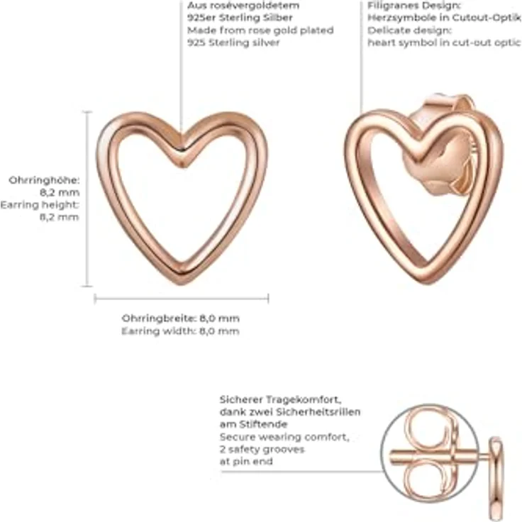 GLANZSTÜCKE MÜNCHEN Damen-Ohrstecker Herz, rosévergoldetes Sterling Silber, filigranes Design, 8 mm, eleganter Ohr-Schmuck für Frauen und Mädchen – Bild 2
