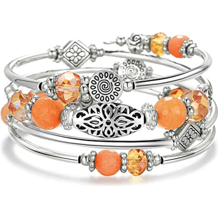 FULU AUTUMN Damen Boho Armband, Mehrschichtiges Perlen Silber Wickelarmband, Geschenk zum Geburtstag und Muttertag, Orange – Bild 1