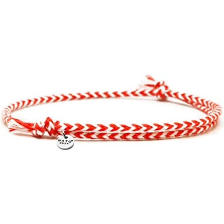 Nato Cuff Geflochtenes Baumwollarmband, Handgefertigt in Frankreich, Edelstahlmedaille 316L, Verstellbar für Herren und Damen, Rot-Weiß