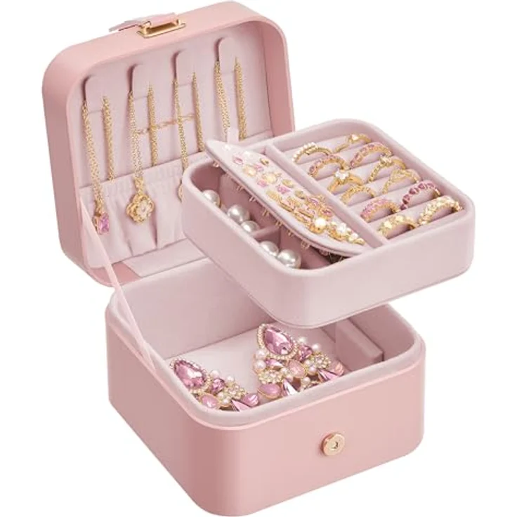 SONGMICS GISELLA Schmuckkästchen Reise, tragbare Schmuckaufbewahrung mit 2 Ebenen, pastellrosa, 11,2 x 11,8 x 7,2 cm – Bild 1