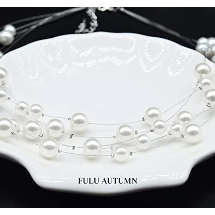 FULU AUTUMN Boho Perlenkette Damen, Silber Statement Kette, Mehrreihig, 17" Länge, Weiß – Bild 5
