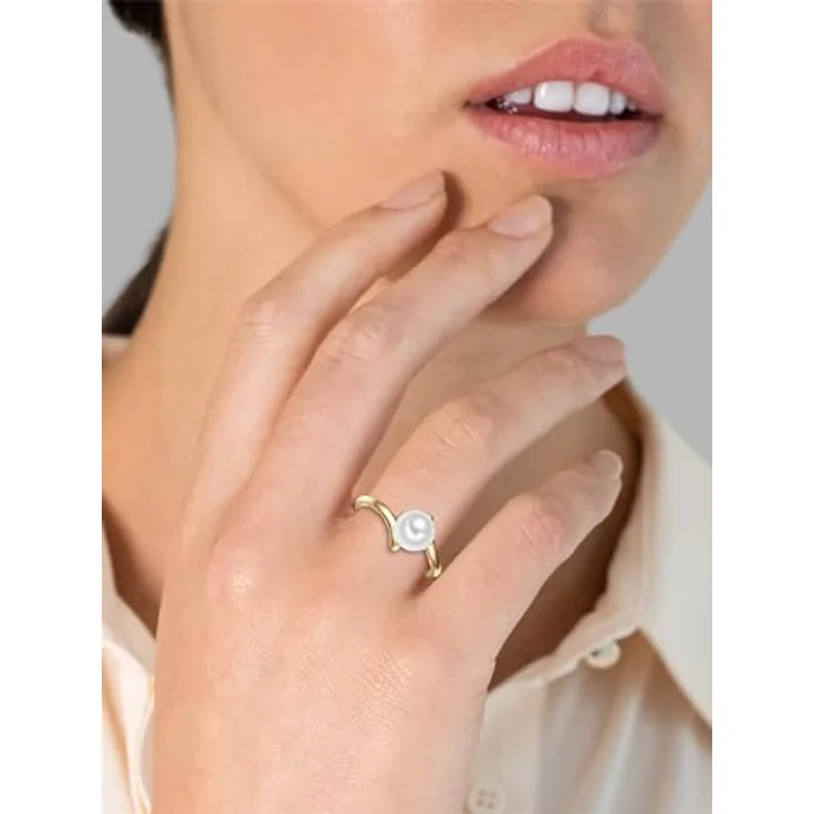 Valero Pearls Damen-Ring Welle, Sterling Silber 925 gelbvergoldet, Süßwasser-Zuchtperle 8 mm, weiß, moderner Perlenring für Frauen – Bild 4