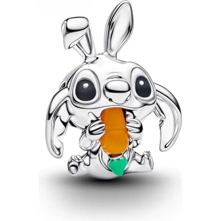 Pandora 794498C01 Charm, 925 Silber Disney Stitch als Osterhase mit Mohrrübe und Imitationsquarz, 18 x 14 mm