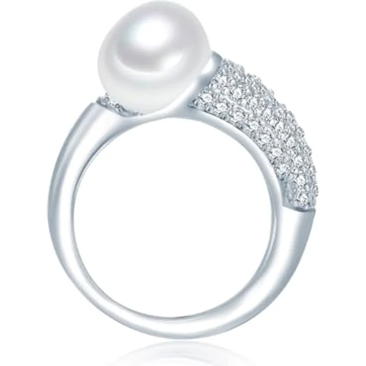 Valero Pearls Damen-Ring mit 10 mm weißen Süßwasser-Zuchtperlen, 925 Sterling Silber, Zirkonia - Glamouröser Cocktailring – Bild 2