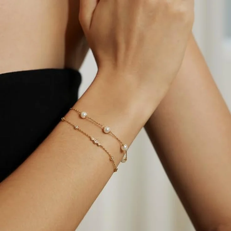 ANIA HAIE Damen Armband MISS DAINTY Gold Shell Pearl Station, 925 Sterling Silber 14k vergoldet, 5 Muschelperlen, 16,5 cm + 2 cm Verlängerung, inkl. Geschenkverpackung – Bild 3