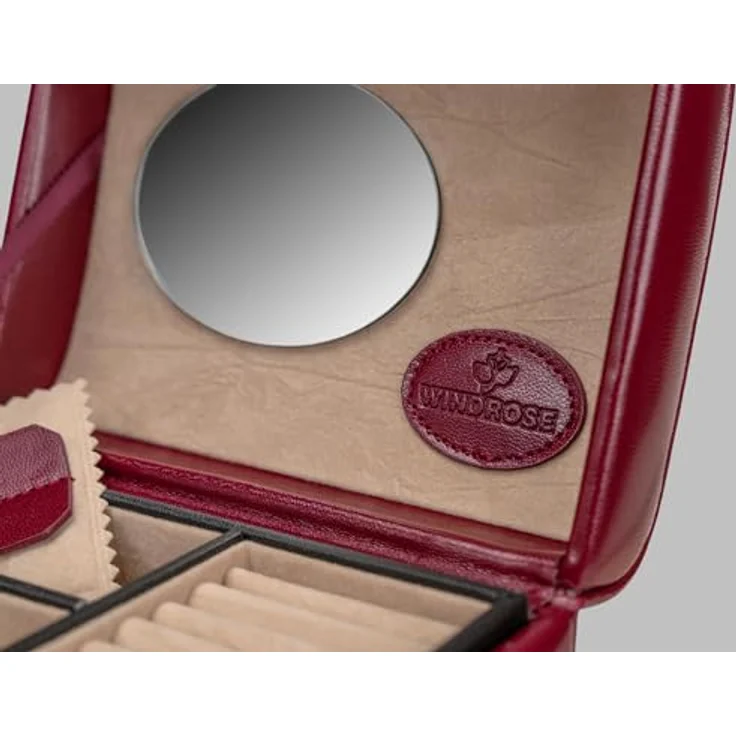 Windrose kleiner Schmuckkoffer Merino Moda, Handgefertigt in roter Lederoptik mit optimaler Schmuckorganisation – Bild 3