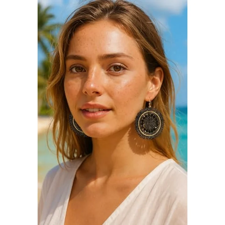 Joya Love Schwarz Strand Ohrringe, Handgefertigte Boho Statement Ohrringe mit Kristall- und Glasperlen, große Hänger, leicht und hypoallergen – Bild 4