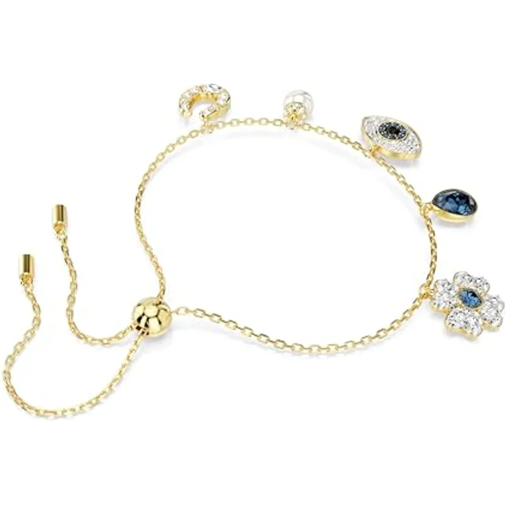Swarovski Symbolica Armband, Blaues, Vergoldetes Bettelarmband mit Kristallperle, Glücksklee, „Evil Eye“ und Hufeisen – Bild 4
