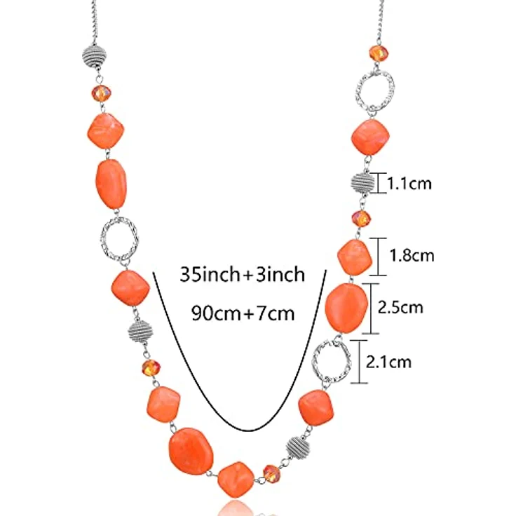 Bulinlin Silber Perplen Lange Kette für Damen, Boho Statement Chain Halskette in Dunkel Orange, 35+3 Zoll – Bild 5