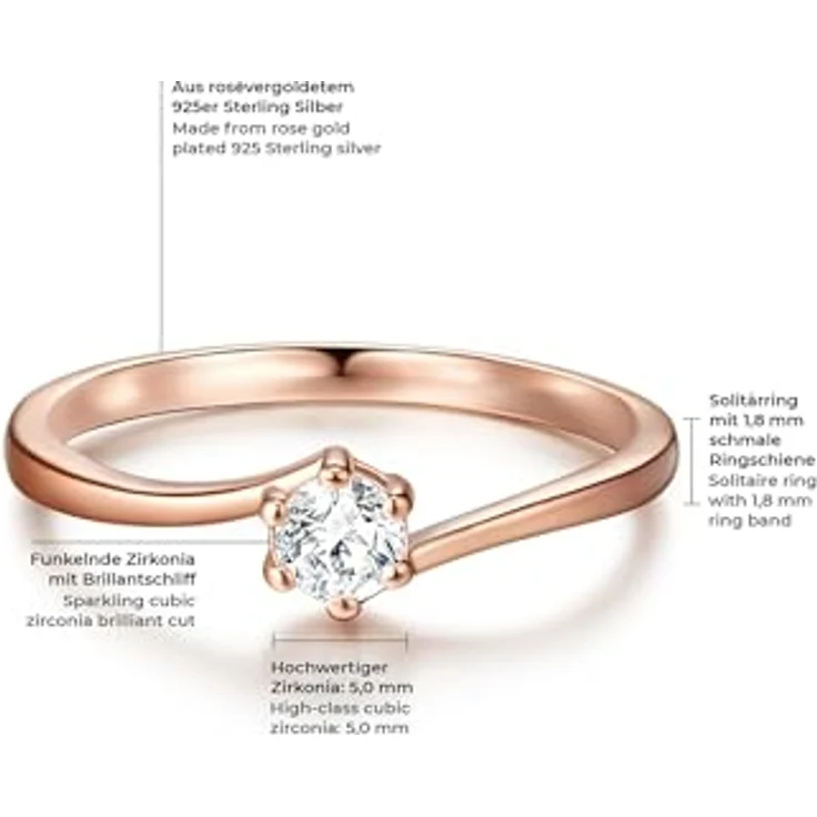 Trilani Damen-Ring Verlobungsring rosévergoldet aus Sterling Silber mit Zirkonia weiß in Brilliant-Schliff - Solitär-Ring für Hochzeit und besondere Anlässe – Bild 2