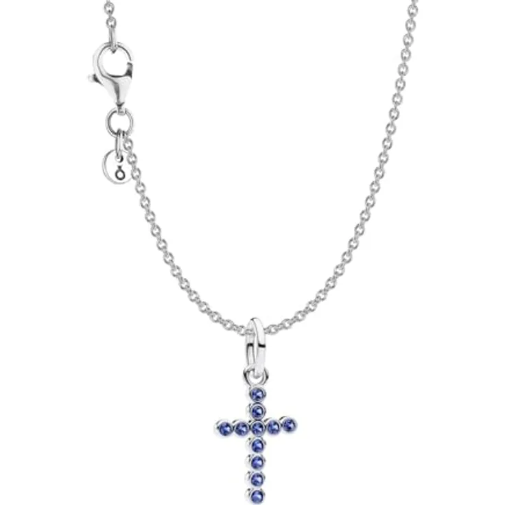 PANDORA Damen-Kette Kreuz Silber mit blauen Kristallen, verstellbare Rundankerkette 38-45 cm, elegantes Geschenkset