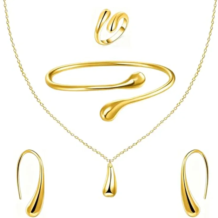 ALMLWIAJ Gold Schmuck Set für Damen, 4-teilig mit Tropfen-Motiv, Kette, Ohrringe, Ring und Armband in eleganter Geschenkbox