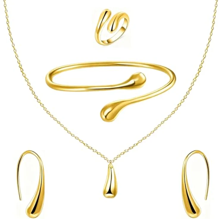 ALMLWIAJ Gold Schmuck Set für Damen, 4-teilig mit Tropfen-Motiv, Kette, Ohrringe, Ring und Armband in eleganter Geschenkbox – Bild 1
