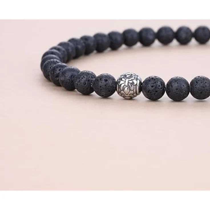 GAVU Vulkanstein Kristall Perlen Halskette für Männer, 55 cm, handgefertigt mit 8mm Lavastein und Edelstahl Fleur De Lis Perlen, rostfrei und wasserdicht – Bild 5