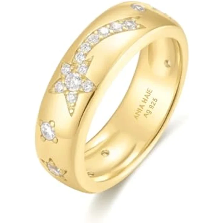ANIA HAIE Damen Ring MELODIC POET Celestial Chunky, 925 Sterling Silber 14k vergoldet, 28 Zirkonia, Gravuren von Stern und Mond, Größe 54, inkl. Geschenkverpackung – Bild 3