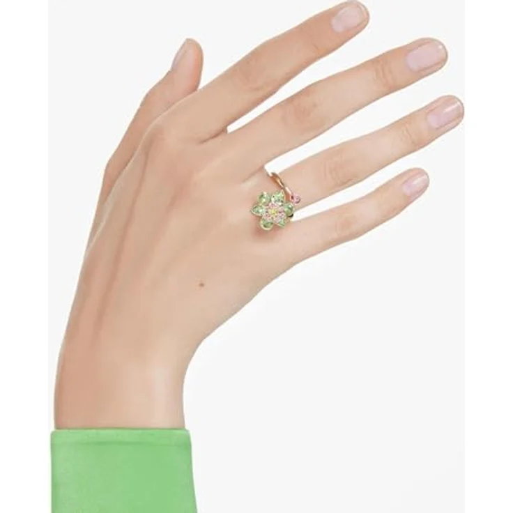 Swarovski Idyllia Offener Ring, Grüner vergoldeter Damenring mit Blumen-Motiv und Kristallen in Grün, Pink und Gelb, Größe 55 – Bild 5