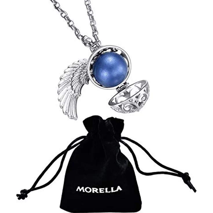 Morella Damen Schutzengel Halskette, Edelstahl 70 cm mit Engelsflügel Anhänger und blauer Klangkugel Ø 16 mm in Schmuckbeutel – Bild 3