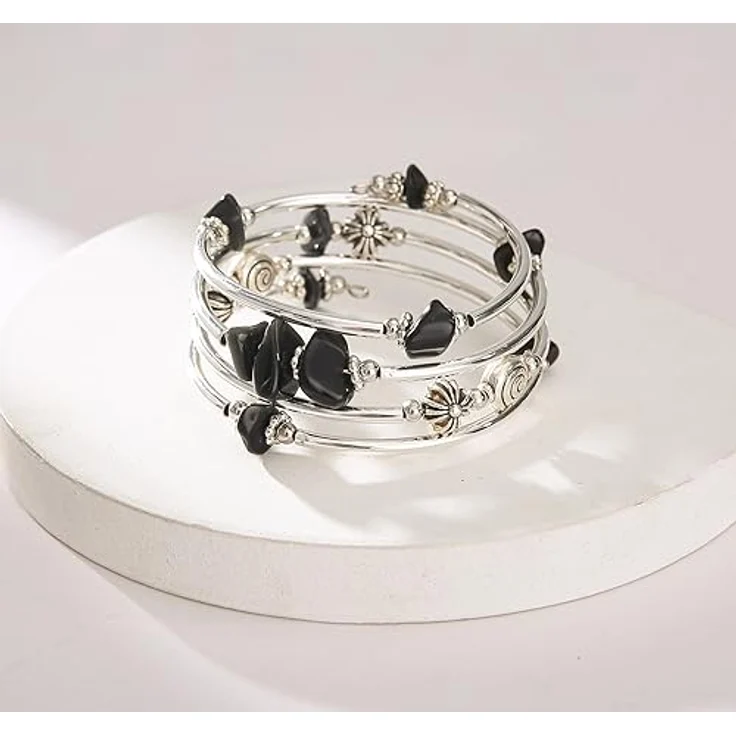 FULU AUTUMN Damen Boho Armband, Mehrschichtiges Perlen Silber Wickelarmband, Farbe Schwarz – Bild 2