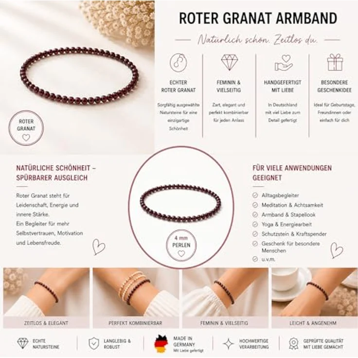 Unique Gems Rotes Granat Armband, 4 mm Naturstein, elastisch, handgefertigt in Deutschland, Geschenk für Frauen – Bild 3