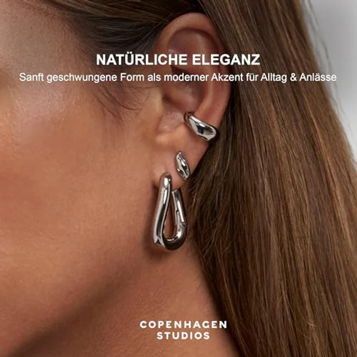 COPENHAGEN STUDIOS Organics Creolen, silber, Damenohrringe aus poliertem Edelstahl, organisches Design, wasserfest & hautfreundlich, Klappschließe – Bild 5