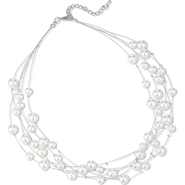 FULU AUTUMN Boho Perlenkette Damen, Silber Statement Kette, Mehrreihig, 17" Länge, Weiß – Bild 1
