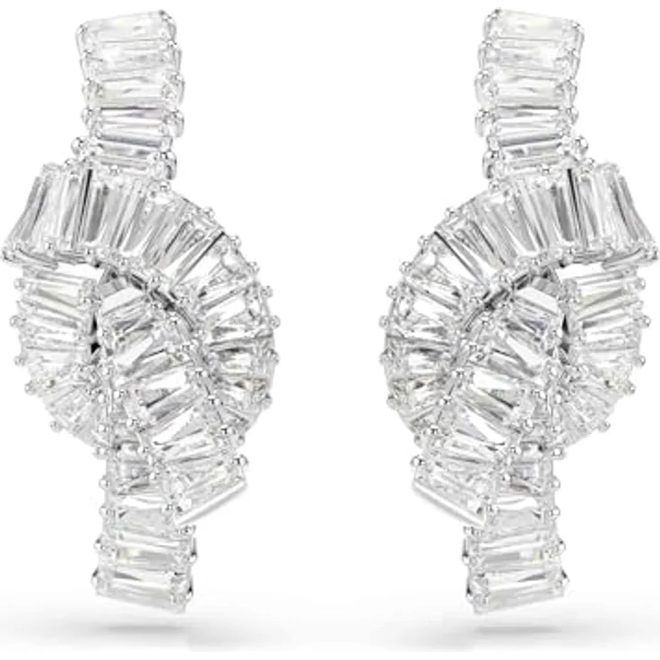 Swarovski Matrix Ohrringe, Rhodinierte Knoten-Design Ohrringe mit Swarovski Zirkonia im Baguette-Schliff, Größe: 3 x 1.4 cm