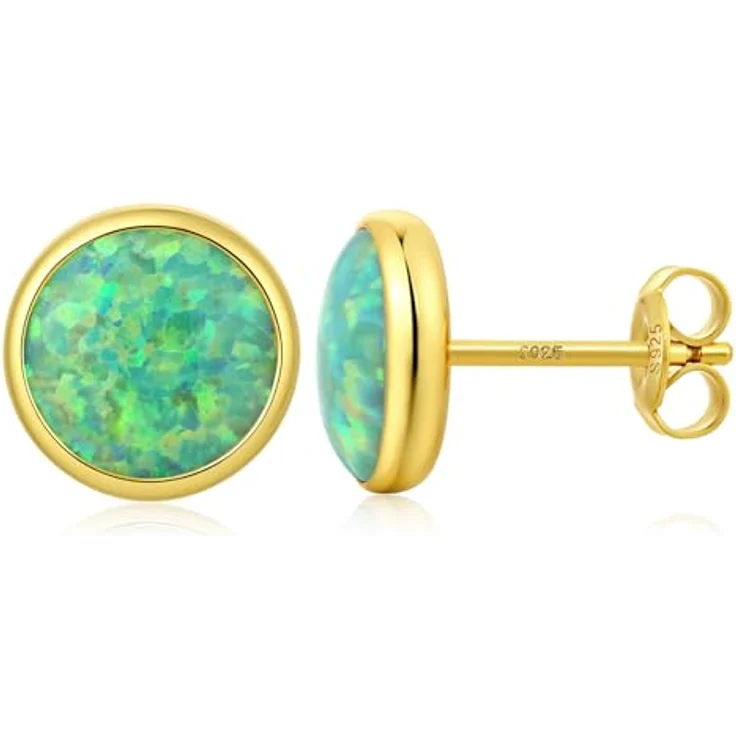 Jiahanzb Opal Ohrringe 925 Sterling Silber, Runde Opal Ohrstecker Grün, Hypoallergene Ohrstecker 8 mm, Vergoldet – Bild 1