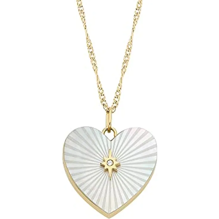 FOSSIL Damen Edelstahlcollier mit herzförmigem Anhänger, goldfarben, mattes Weiß, Karabinerverschluss